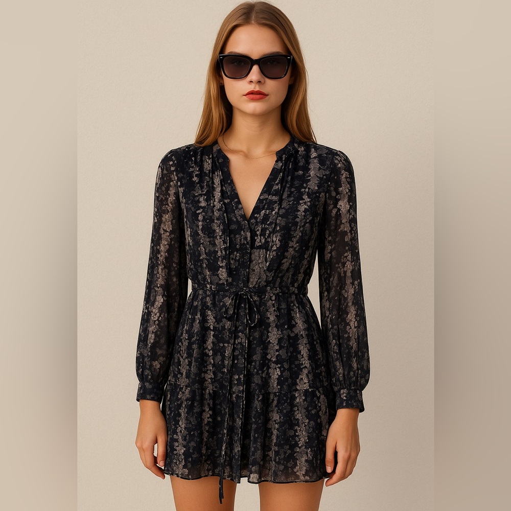 PAIGE Chiffon Dark Floral Mini Dress Size S Black Gray Long-Sleeve Wednesday
